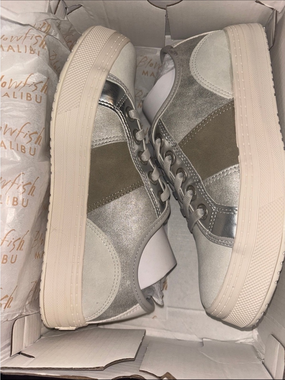 Blowfish Malibu Women’s Metallic Silver & Taupe Platform Sneakers